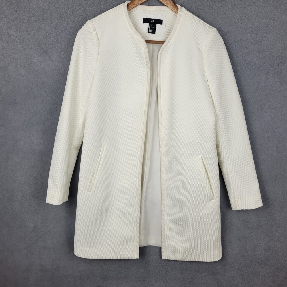 H&M Overcoat Women 4 White Lined Pockets Textured Long Sleeve Open Grannycore 70